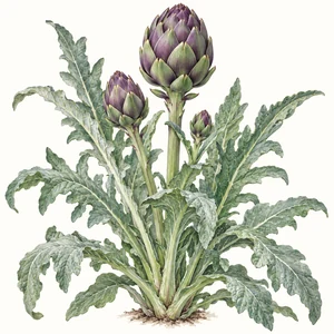 Purple-green artichoke buds among deeply lobed leaves