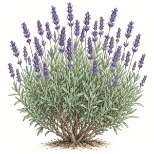 English lavender plant with narrow leaves and purple flower spikes