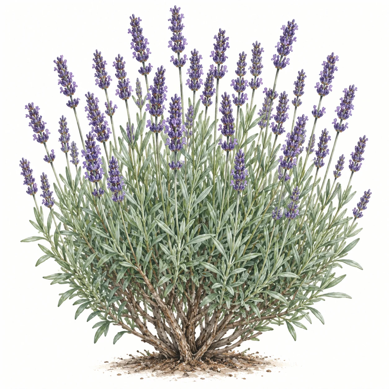 English lavender plant with narrow leaves and purple flower spikes