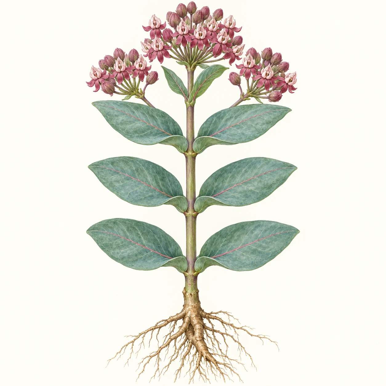 Prairie milkweed plant with pink flower clusters and broad leaves